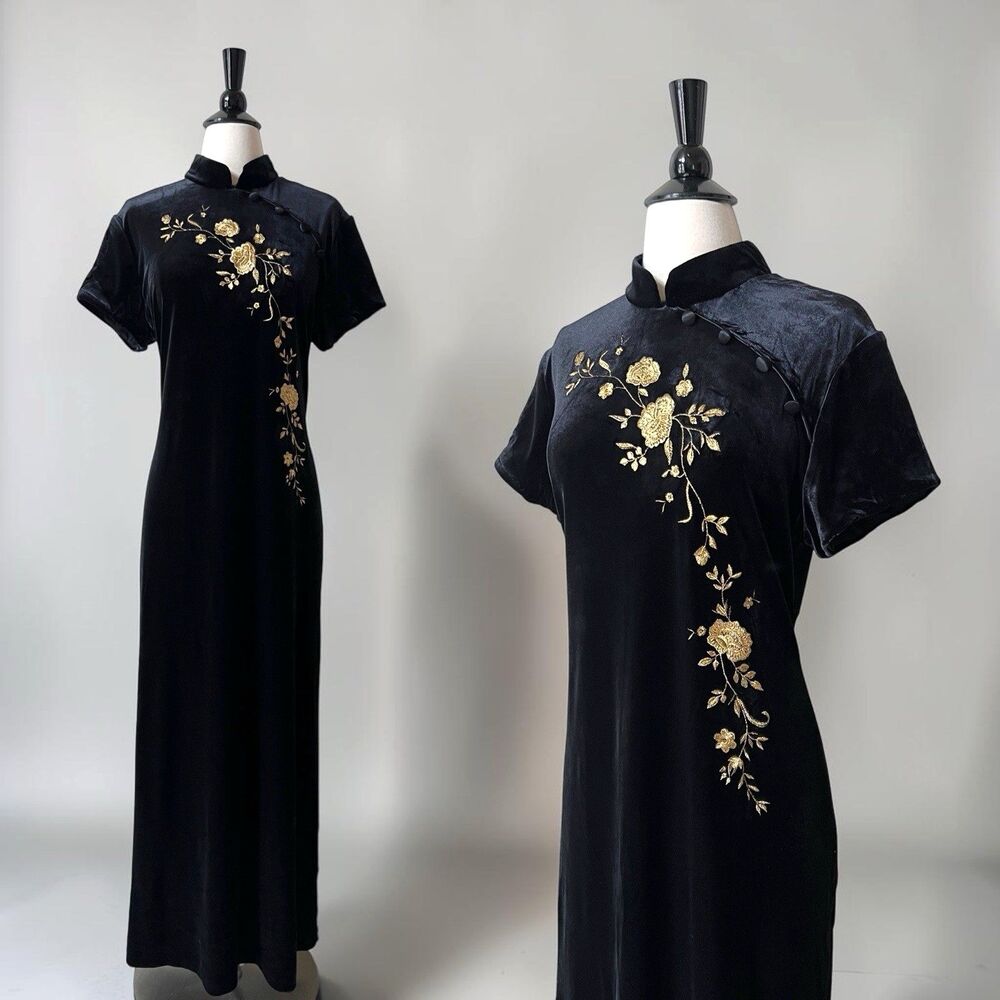 Vintage 90s Black Velvet Cheongsam Maxi Dress L Gold Floral Embroidered Goth